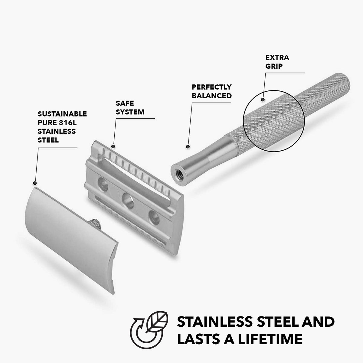 Safety Razor Matte Silver · 20x Platinum Blades – Bamboozy COM