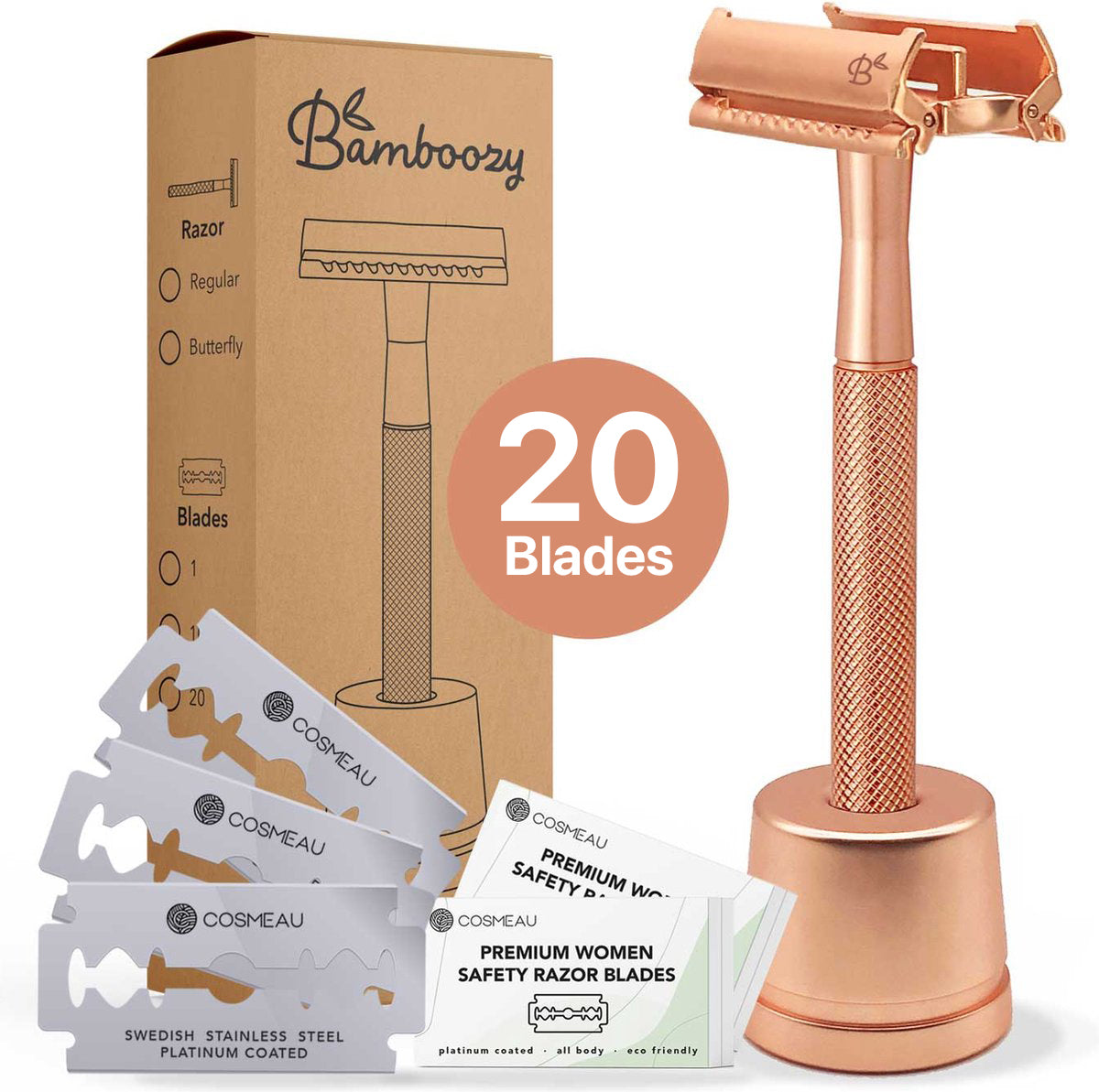 Safety Razor Butterfly Rose Gold with Stand · 20x Platinum Blades ...